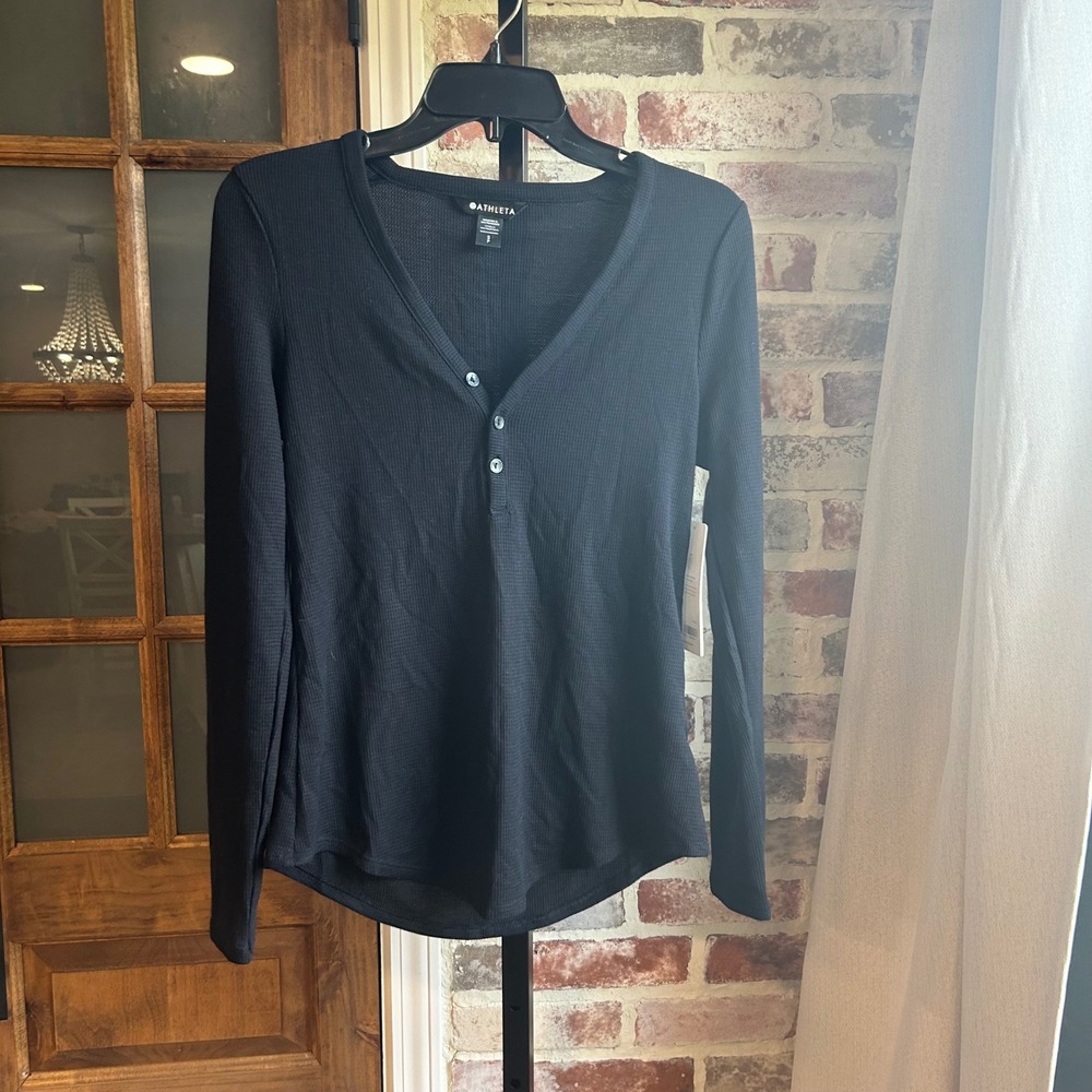 Athleta Wind Down Sleep Top Women Black Waffle Knit Henley L/S Casual Soft S
